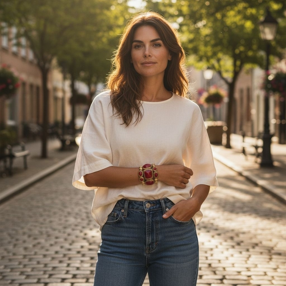 Cream Blouse with Redâ Statement Bracelet